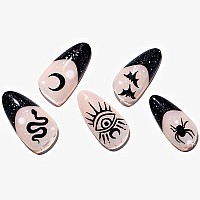 Glamermaid Press On Nails Medium Almond Gothic Black French Tip Glue On Nails With Snake Design Short Almond Reusable Goth Fak