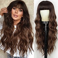 Lativ Brown Wig With Bangs Long Wavy Wig With Dark Roots For Women Curly Wavy Wig Synthetic Fiber Natural Looking Hair Replaceme