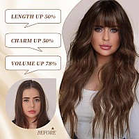 Lativ Brown Wig With Bangs Long Wavy Wig With Dark Roots For Women Curly Wavy Wig Synthetic Fiber Natural Looking Hair Replaceme