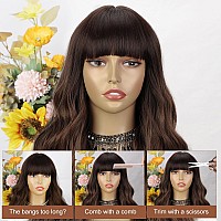 Lativ Brown Wig With Bangs Long Wavy Wig With Dark Roots For Women Curly Wavy Wig Synthetic Fiber Natural Looking Hair Replaceme