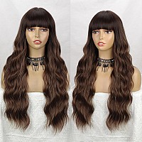 Lativ Brown Wig With Bangs Long Wavy Wig With Dark Roots For Women Curly Wavy Wig Synthetic Fiber Natural Looking Hair Replaceme