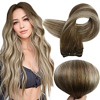 Full Shine 20 Inch Human Hair Extensions Sew In Hair Extensions Real Human Hair Color Chestnut Brown Fading To Platinum Blonde M