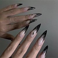 Babalal Halloween Stiletto Press On Nails Long Fake Nails Black French Glue On Nails Moon Goth Acrylic Nails 24Pcs Almond False