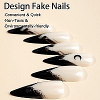 Babalal Halloween Stiletto Press On Nails Long Fake Nails Black French Glue On Nails Moon Goth Acrylic Nails 24Pcs Almond False