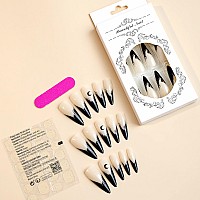 Babalal Halloween Stiletto Press On Nails Long Fake Nails Black French Glue On Nails Moon Goth Acrylic Nails 24Pcs Almond False