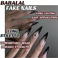 Babalal Halloween Stiletto Press On Nails Long Fake Nails Black French Glue On Nails Moon Goth Acrylic Nails 24Pcs Almond False