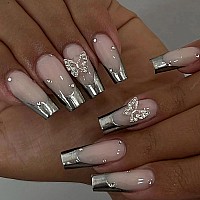 Babalal Coffin Press On Nails Long Fake Nails Sliver French Tip Glue On Nails 3D Butterfly Rhinestone Ballerina Acrylic Nails Fo