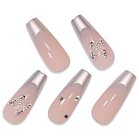 Babalal Coffin Press On Nails Long Fake Nails Sliver French Tip Glue On Nails 3D Butterfly Rhinestone Ballerina Acrylic Nails Fo