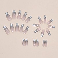 Babalal Coffin Press On Nails Long Fake Nails Sliver French Tip Glue On Nails 3D Butterfly Rhinestone Ballerina Acrylic Nails Fo