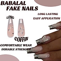 Babalal Coffin Press On Nails Long Fake Nails Sliver French Tip Glue On Nails 3D Butterfly Rhinestone Ballerina Acrylic Nails Fo