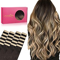 Wennalife Tape In Hair Extensions Human Hair 20Pcs 30G 10 Inch Dark Brown To Chestnut Brown And Dirty Blonde Highlighted Remy H