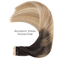 Wennalife Tape In Hair Extensions Human Hair 20Pcs 30G 10 Inch Dark Brown To Chestnut Brown And Dirty Blonde Highlighted Remy H