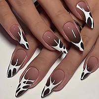 Imsohot Almond Press On Nails Medium Fake Nails Black French Tip Glossy False Nails Full Cover Glue On Nails Stiletto Acrylic Na