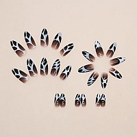 Imsohot Almond Press On Nails Medium Fake Nails Black French Tip Glossy False Nails Full Cover Glue On Nails Stiletto Acrylic Na