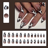 Imsohot Almond Press On Nails Medium Fake Nails Black French Tip Glossy False Nails Full Cover Glue On Nails Stiletto Acrylic Na