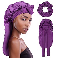 Plumxue Long Silksatin Hair Bonnet Extra Large Sleeping Cap For Women Braid Curly With Adjustable Tie Band And Scrunchies Pu