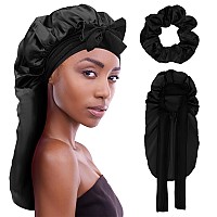 Plumxue Long Silksatin Hair Bonnet Extra Large Sleeping Cap For Women Braid Curly With Adjustable Tie Band And Scrunchies Bl