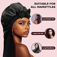 Plumxue Long Silksatin Hair Bonnet Extra Large Sleeping Cap For Women Braid Curly With Adjustable Tie Band And Scrunchies Bl