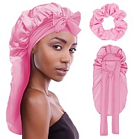 Plumxue Long Braids Silk Bonnet Extra Large Satin Sleeping Hair Cap For Women Curly With Adjustable Tie Band And Scrunchies P