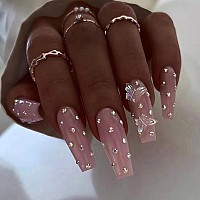 Yoyoee Crystal Gem Design Nails Tips Long Coffin False Nails Nude Press On Nails Full Cover Cute Butterfly Fake Nails For Women