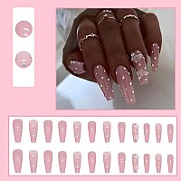 Yoyoee Crystal Gem Design Nails Tips Long Coffin False Nails Nude Press On Nails Full Cover Cute Butterfly Fake Nails For Women