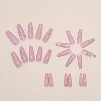 Yoyoee Crystal Gem Design Nails Tips Long Coffin False Nails Nude Press On Nails Full Cover Cute Butterfly Fake Nails For Women