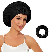 Silk Bonnet For Sleeping Satin Hair Bonnets Large Sleep Cap For Women Hair Wrap For Curly Hair Afros With Tie Band Black