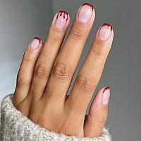 24 Pcs Halloween Press On Nails Short French Tips False Nails With Designs Cute Nude Pink Fake Nails Red Blood Nail Tips Acrylic