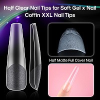 Inenk Flattened No C Curve Xxl Coffin Nail Tips Half Matte Clear Half Cover Coffin Flat Tips For Acrylic Nails Salons Home Diy