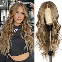 Sapphirewigs Brown Lace Front Wig Synthetic Lace Front Wigs For Women Natural Brown With Ash Blonde Tips Body Wave Heat Resistan