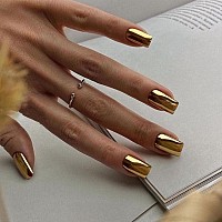 Light Gold Chrome Square Press On Nails Short Medium Kqueenest Mirror False Acrylic Nails Press Ons Metallic Fake Nails Holiday