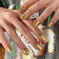 Light Gold Chrome Square Press On Nails Short Medium Kqueenest Mirror False Acrylic Nails Press Ons Metallic Fake Nails Holiday