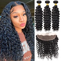 Weydlor Deep Wave Bundles With 13X4 Lace Frontal Human Hair 18 20 2216Inch 3 Bundles With Lace Frontal 100 Human Hair Deep Wav