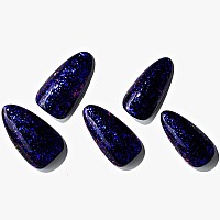 Glamermaid Press On Nails Medium Almondhalloween Handmade Blue Glitter With Black Nail Polish Glue On Nails 24Pcs Stiletto Acr