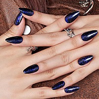 Glamermaid Press On Nails Medium Almondhalloween Handmade Blue Glitter With Black Nail Polish Glue On Nails 24Pcs Stiletto Acr