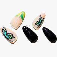 Glamermaid Press On Nails Medium Almond Shimmer Green French Tip Butterfly Glue On Gel Nails 24Pcs Black Short Acrylic False N