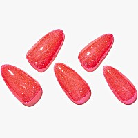 Glamermaid Press On Nails Medium Almond Handmade Silver Glitter With Strawberry Red Nail Polish Glue On Nails 24Pcs Acrylic Fa