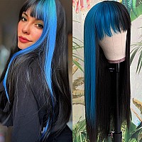 Qdtizer Blue Highlights Black Hair Synthetic Wigs With Bangs Glueless Heat Resistant Synthetic No Lace Wigs For Black Women