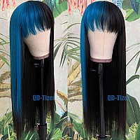 Qdtizer Blue Highlights Black Hair Synthetic Wigs With Bangs Glueless Heat Resistant Synthetic No Lace Wigs For Black Women