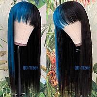 Qdtizer Blue Highlights Black Hair Synthetic Wigs With Bangs Glueless Heat Resistant Synthetic No Lace Wigs For Black Women