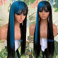 Qdtizer Blue Highlights Black Hair Synthetic Wigs With Bangs Glueless Heat Resistant Synthetic No Lace Wigs For Black Women