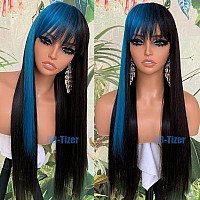 Qdtizer Blue Highlights Black Hair Synthetic Wigs With Bangs Glueless Heat Resistant Synthetic No Lace Wigs For Black Women