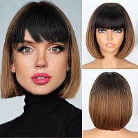 Werd Short Brown Bob Wigs For Women Light Brown Bob Wigs With Bangs 10Inch Synthetic Hair Brown Bob Highlight Wig For Daily Use