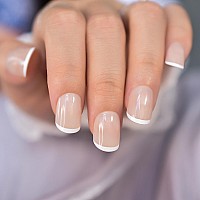 Echiq French Nude Smile Small White Line Press On False Gel Nails Medium Short Length Ellipse Oval Acrylic Manicure Art Tips Sti