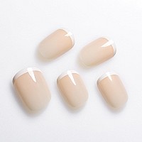 Echiq French Nude Smile Small White Line Press On False Gel Nails Medium Short Length Ellipse Oval Acrylic Manicure Art Tips Sti