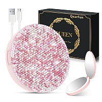 Qearfun Luxurious Rhinestone Led Lighted Compact Mirrorbling Portable Travel Makeup Mirrors35 Inch Rechargeable Mini Magnifyi