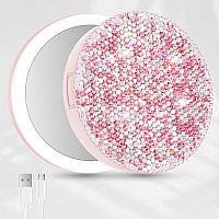 Qearfun Luxurious Rhinestone Led Lighted Compact Mirrorbling Portable Travel Makeup Mirrors35 Inch Rechargeable Mini Magnifyi