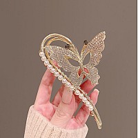 Diamond Nonslip Metal Hair Claws With Sparkly Pearls Big Cute Butterfly Headwear Gifts For Women Set Of 2