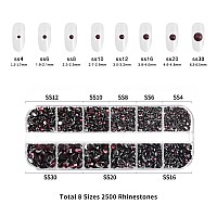 Beadsland Rhinestones For Makeup 8 Sizes 2500Pcs Burgundy Flatback Rhinestones Face Gems For Nails Crafts With Tweezers And Wax