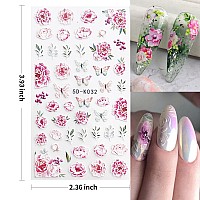 Haiidoak Pink Flower And Butterfly Nail Art Stickers Colorful Floral And Leaf Design Nail Decals Selfadhesive Nail Supplies Fo